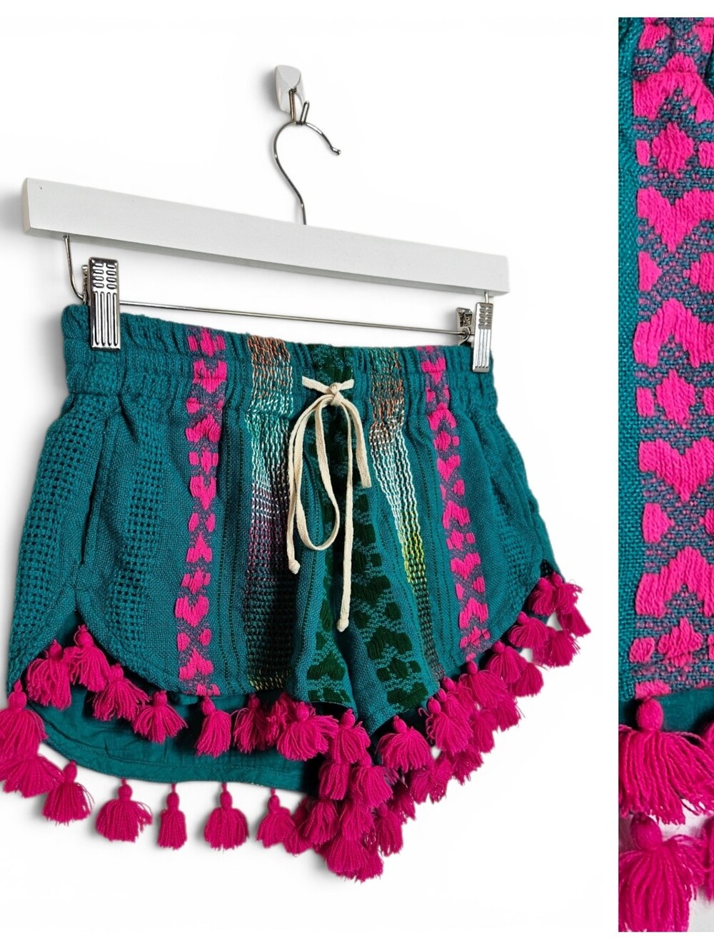 Judith March Bohemian Tassel Shorts Embroidered Festival Boho Beach Size S